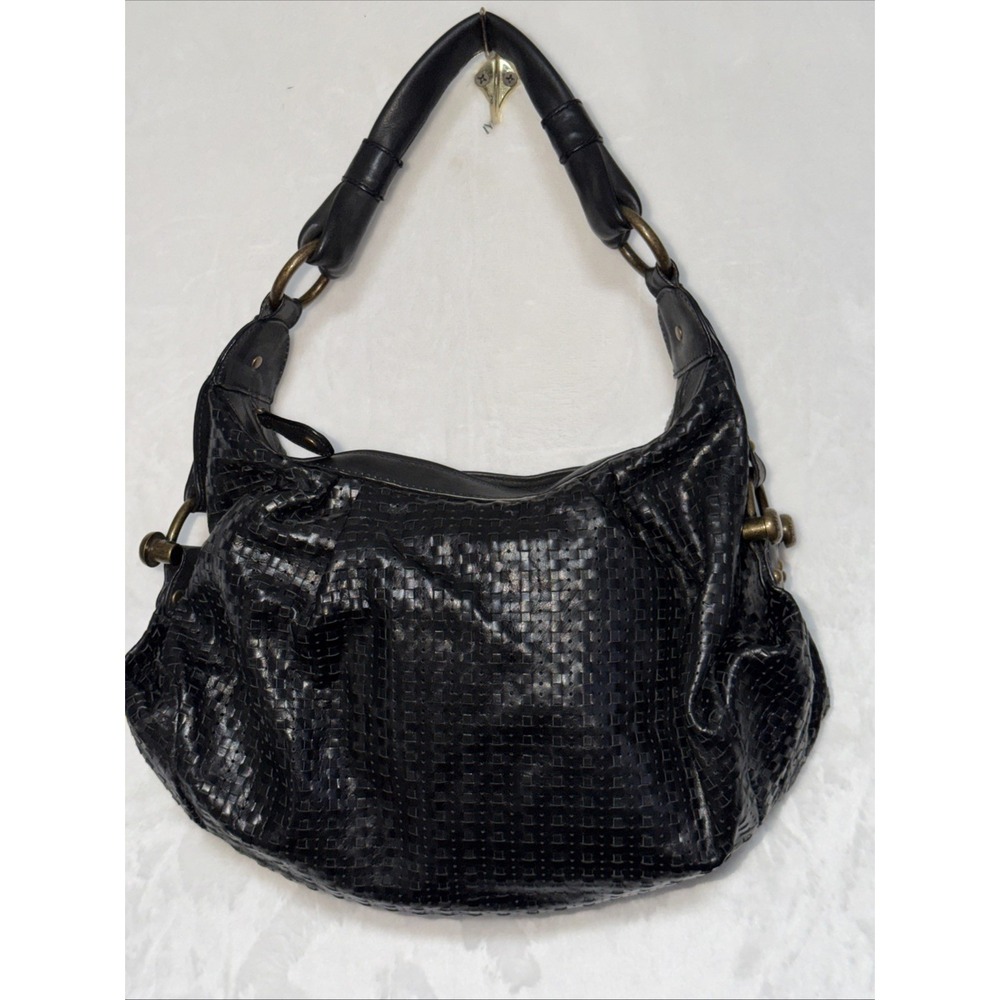 BCBG Max Azria Black Woven Leather Purse Shoulder Bag Brushed Gold Accents City